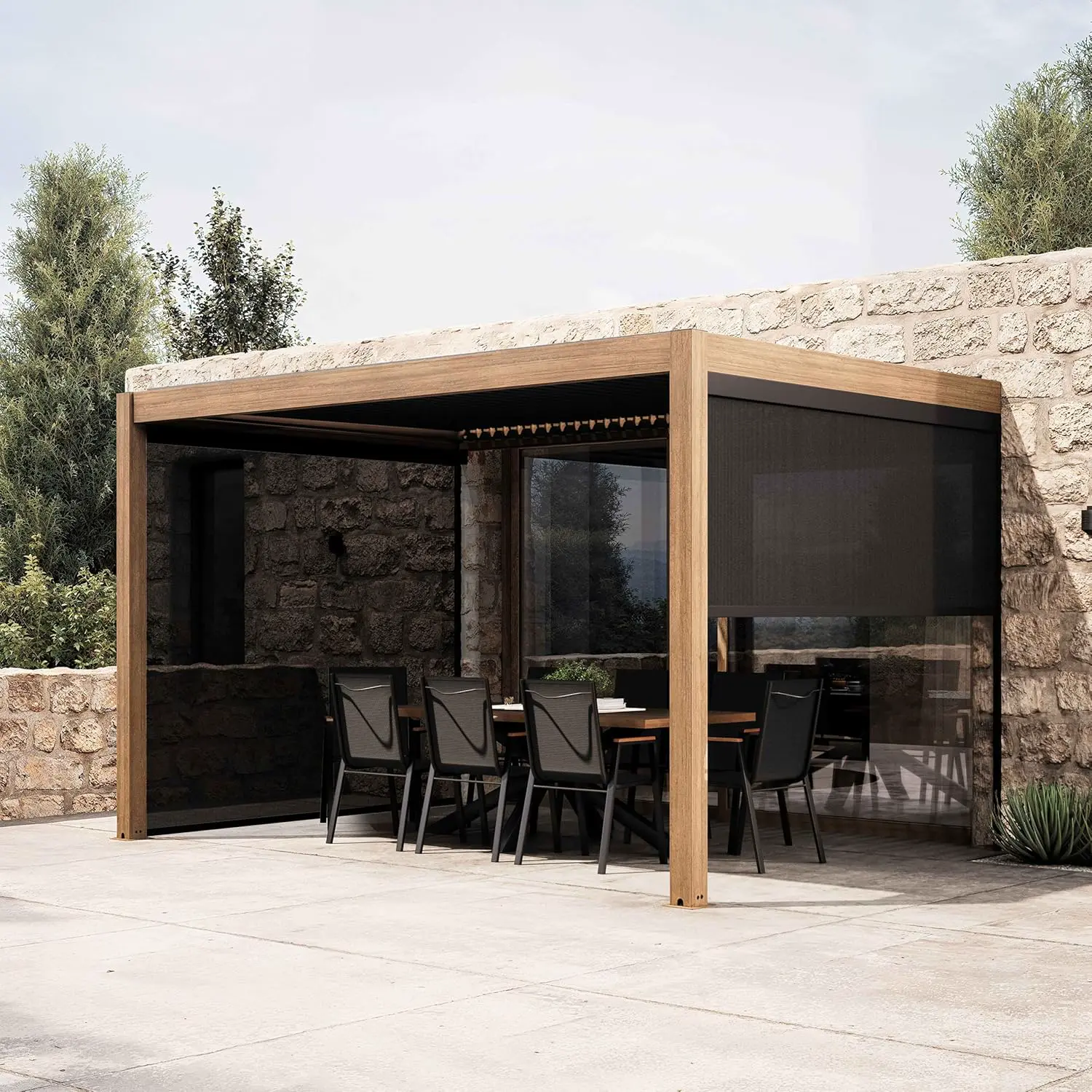 Pergola en bois gris 3x4m adossée 2 stores vue 2