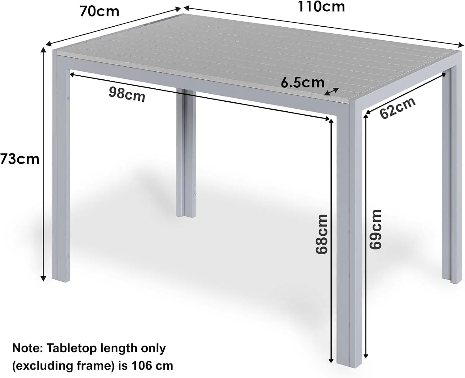 Table de jardin 6 places en aluminium gris 110 x 70 cm vue 2