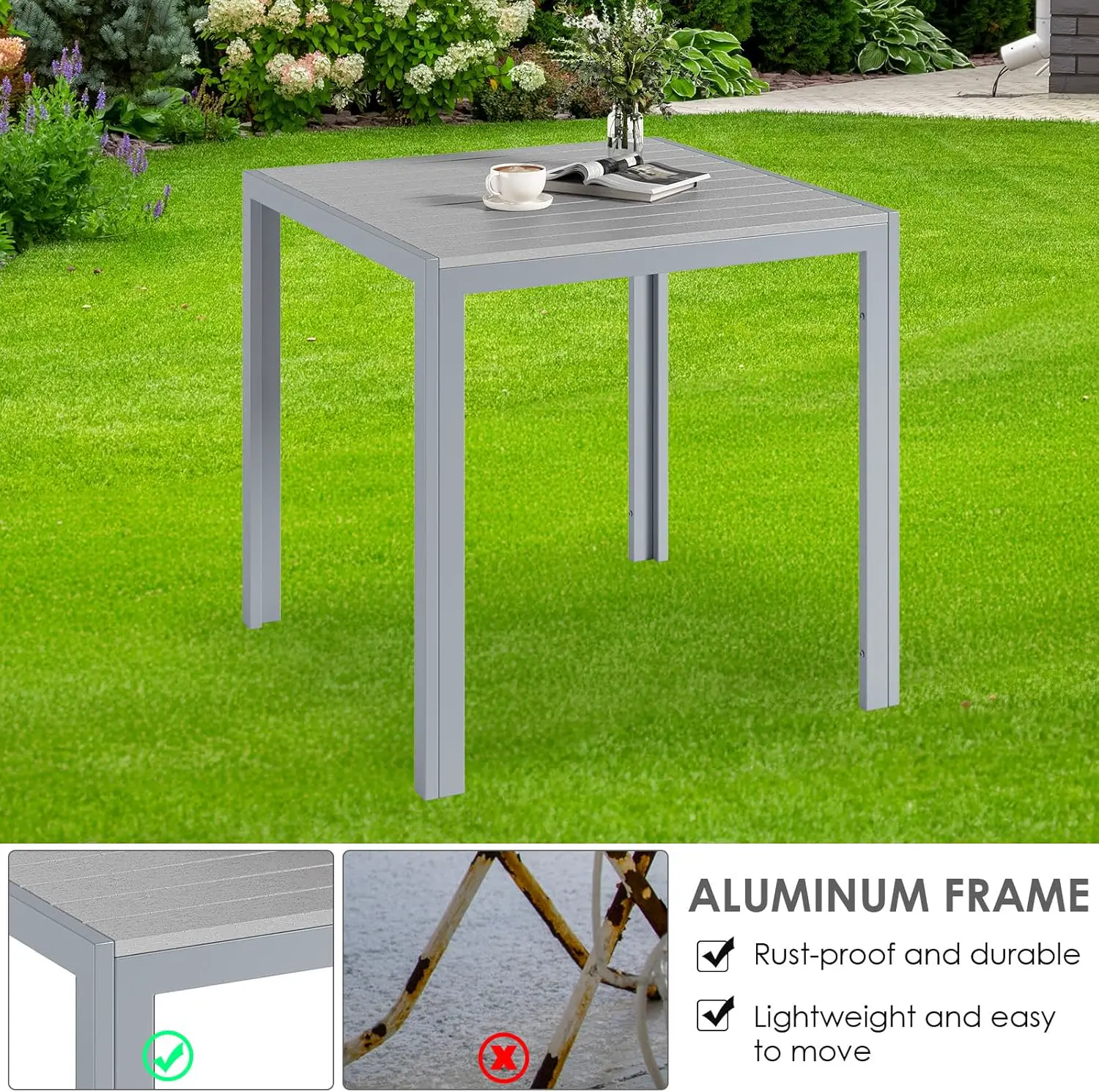 Table de jardin 6 places en aluminium gris 75x75cm vue 5