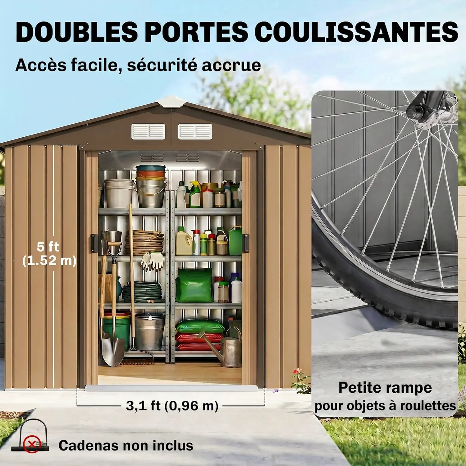 Abri de jardin en métal en acier kaki 2,77 m² vue 4