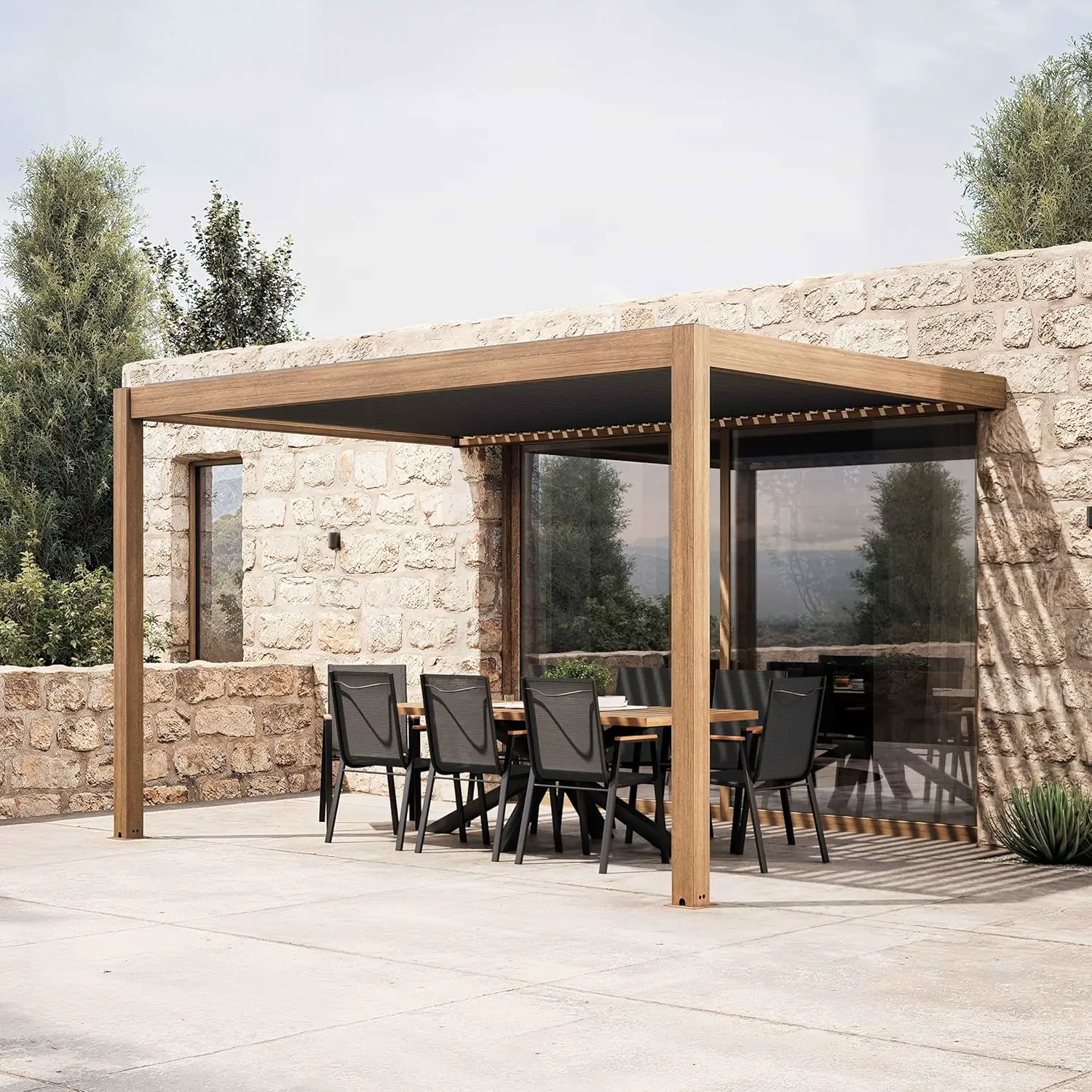Pergola en aluminium 12 m² adossée motorisée vue 2