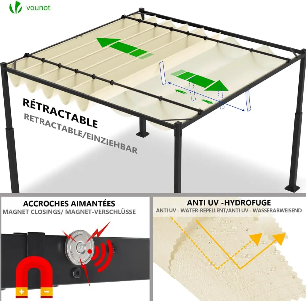 Tonnelle en acier beige 3x3m rétractable vue 4
