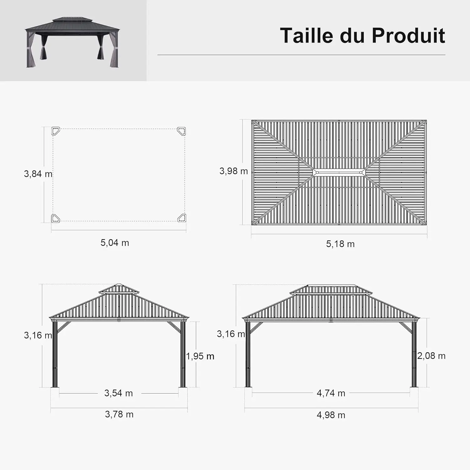 Pergola en acier gris 5,2 x 4 m vue 3