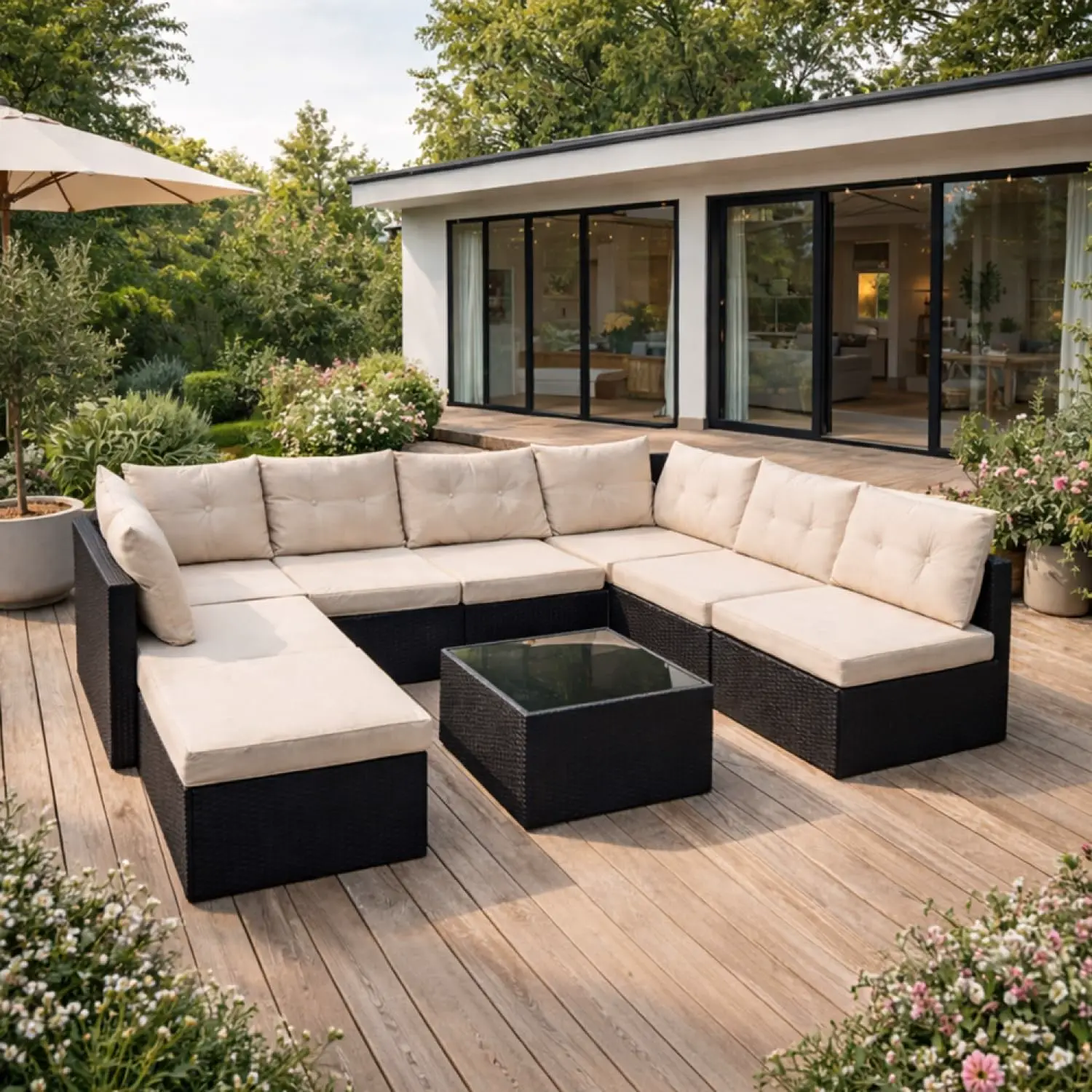 Salon de jardin 6 places en rotin beige vue 2