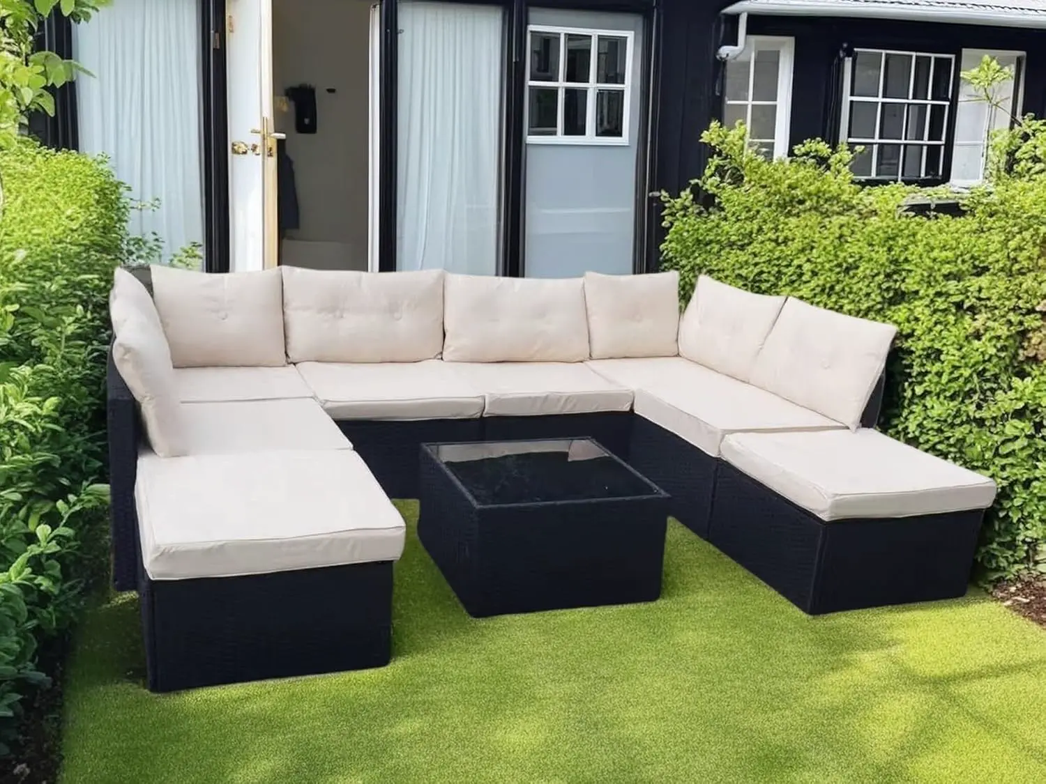 Salon de jardin 6 places en rotin beige vue 4