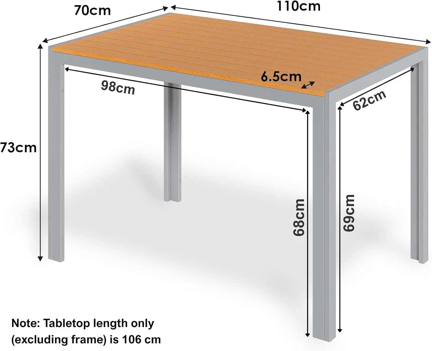 Table de jardin 6 places en aluminium gris 110 x 70 cm vue 2