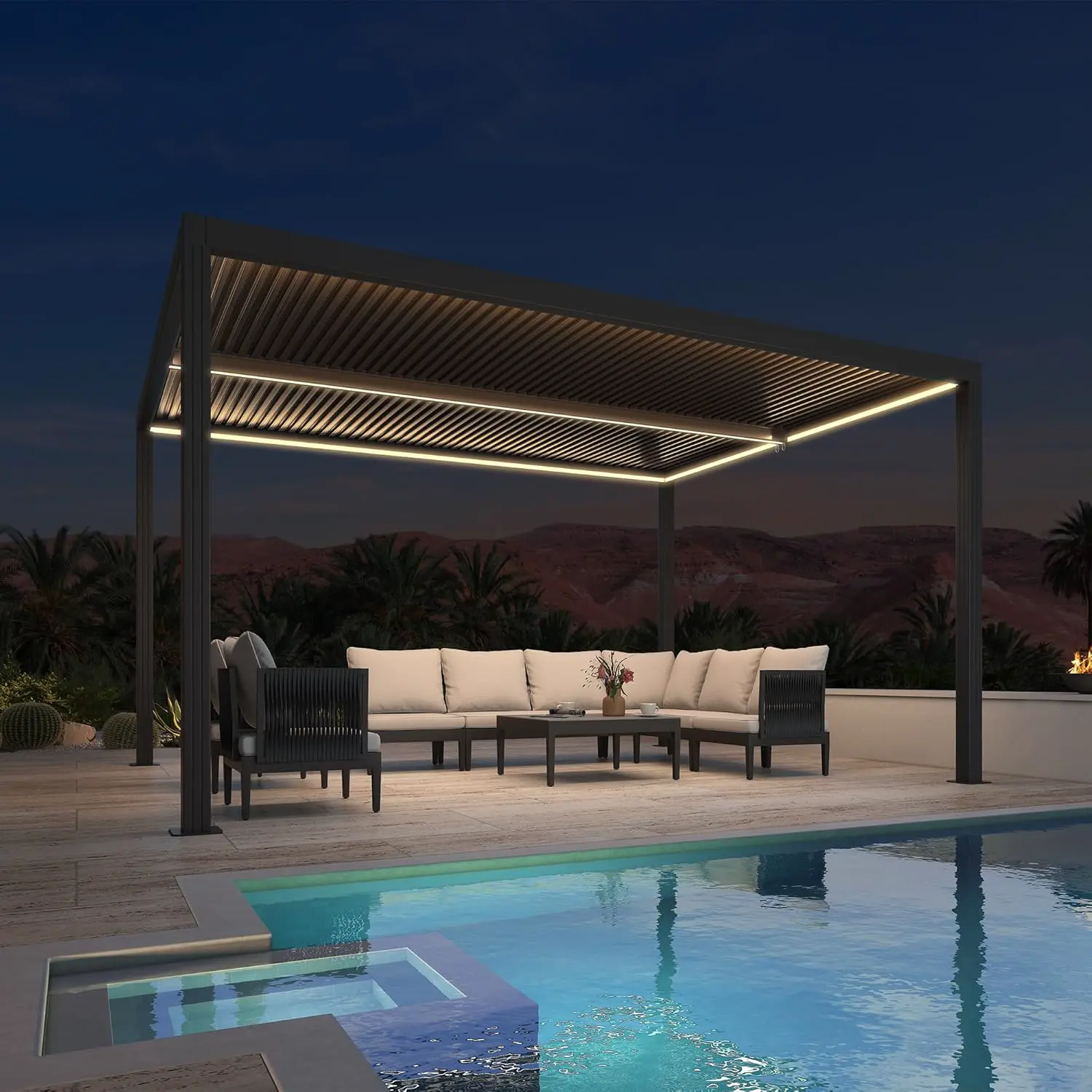 Pergola bioclimatique en aluminium 4,24 x 3 m avec bande lumineuse LED – Auvent de jardin imperméable avec lattes réglables pour terrasse et abri d'auto – Gris