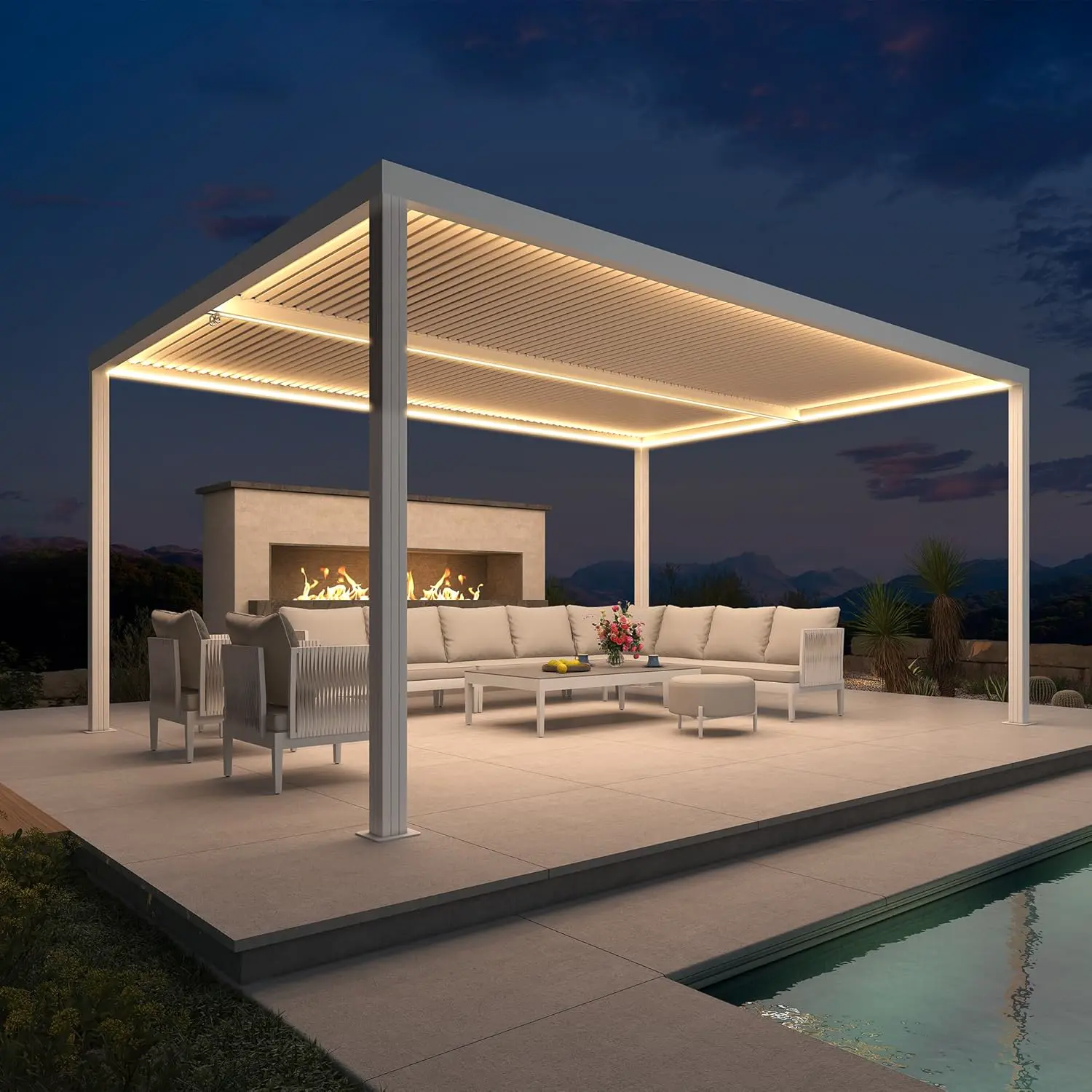 Pergola bioclimatique 4,8 x 3,68 m – Auvent de jardin étanche en aluminium avec bande lumineuse LED toit à persiennes réglables pour extérieur, terrasse, abri d'auto Blanc