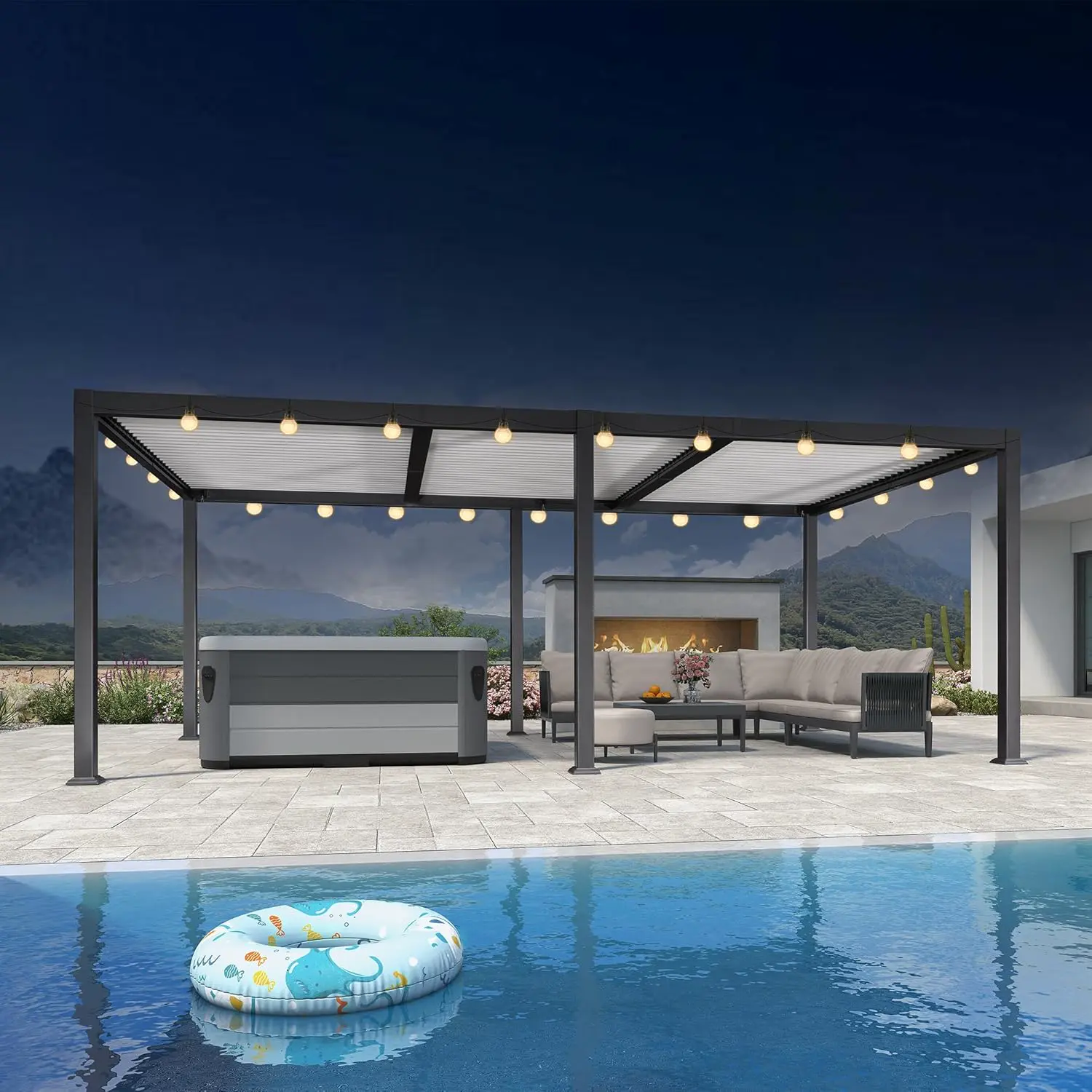 Pergola bioclimatique d'extérieur en aluminium avec lattes réglables et guirlande lumineuse 6,35 x 3,5 m, cadre gris, poteaux blancs, parfaite pour les solutions d'ombrage de jardin et de terrasse