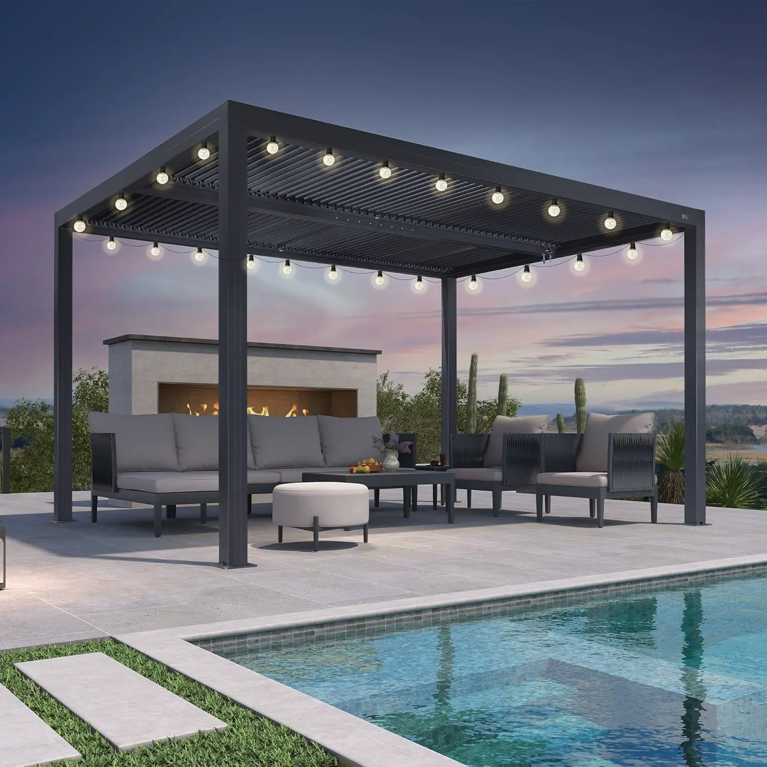 Pergola bioclimatique de 4 x 3,3 m avec guirlande lumineuse à DEL – Lattes réglables en aluminium de 13,2 m² – Auvent de jardin gris pour extérieur et extérieur
