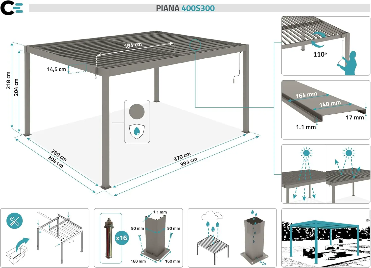 Pergola en aluminium taupe 12 m² autoportée vue 2