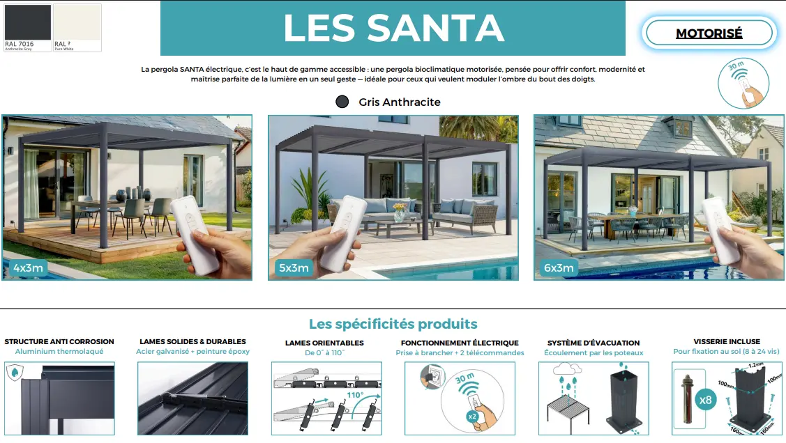 Pergola en aluminium gris 4x3m autoportée motorisée — contenu détaillé 7