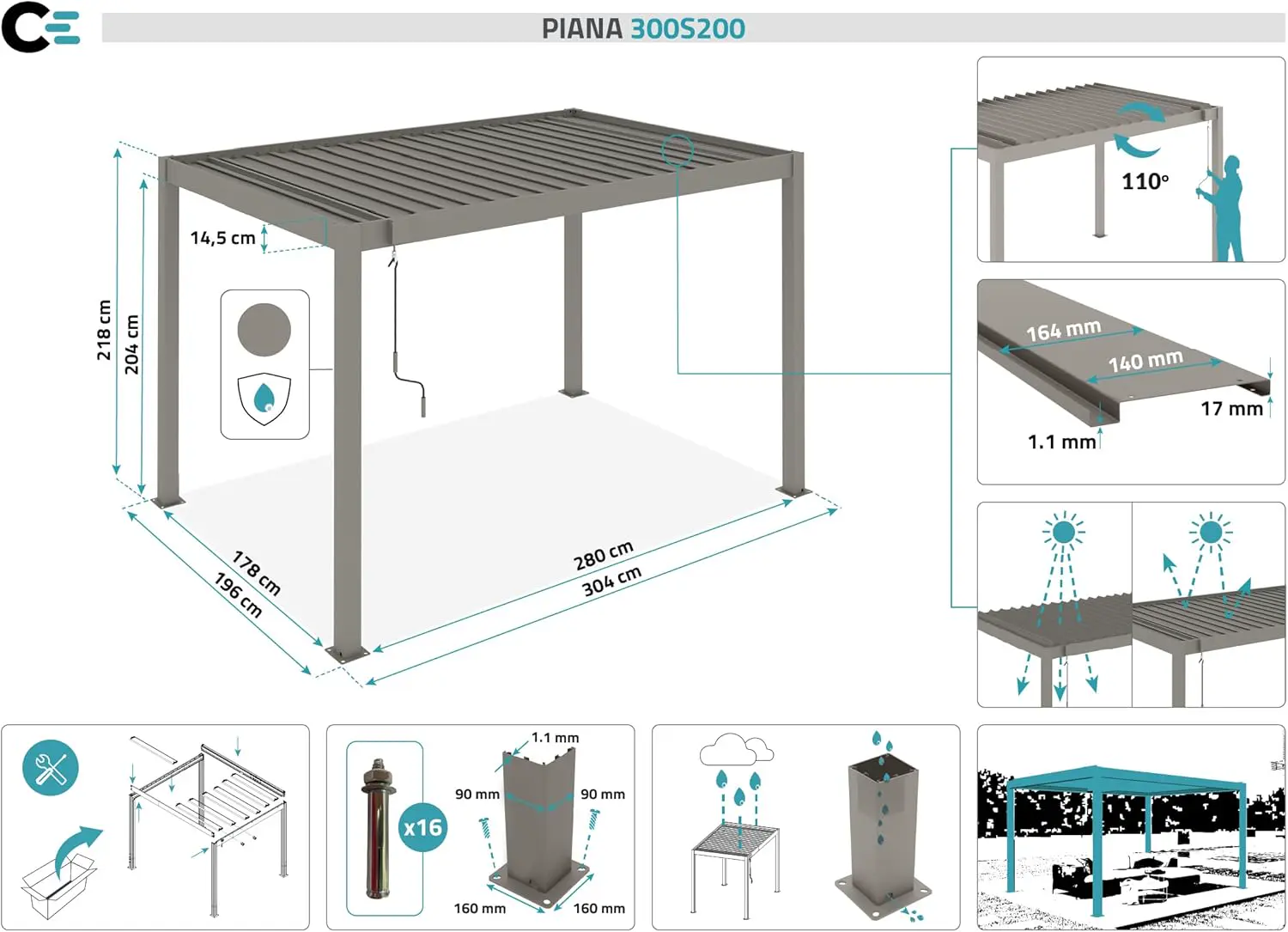 Pergola en aluminium taupe 7,9 m² autoportée vue 2