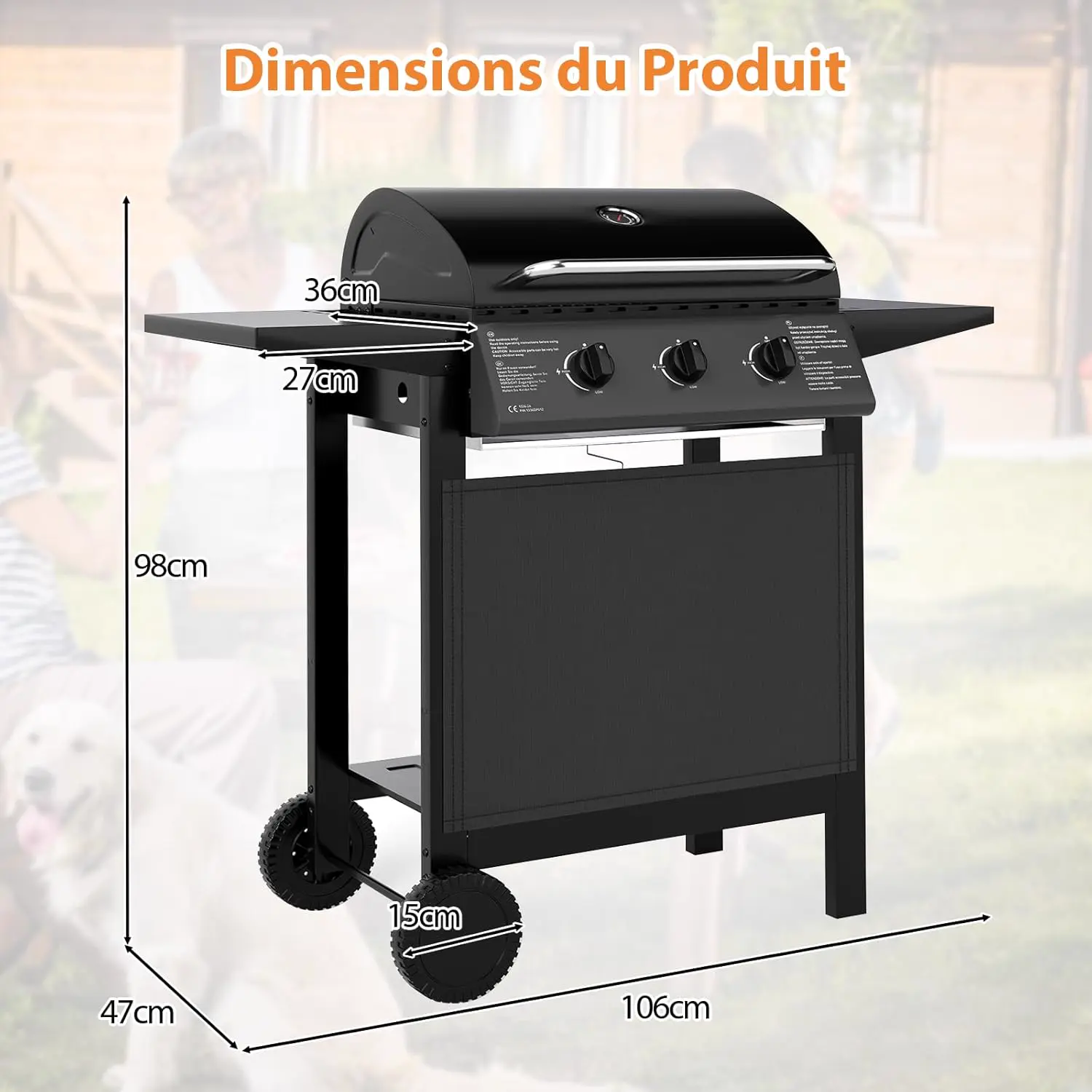Barbecue à gaz en métal noir 106 x 98 cm vue 5