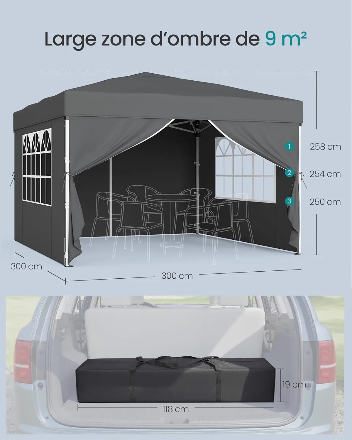 Tonnelle gris 3 x 3 m vue 5