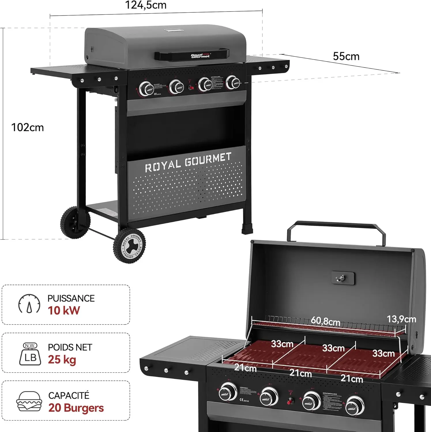 Barbecue à gaz en acier noir 68 × 38 cm vue 3