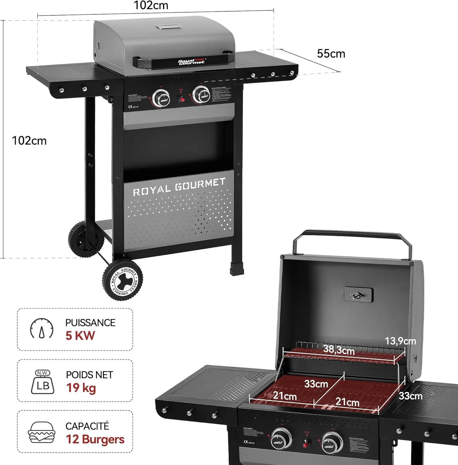 Barbecue à gaz en métal gris 55 x 102 cm vue 3