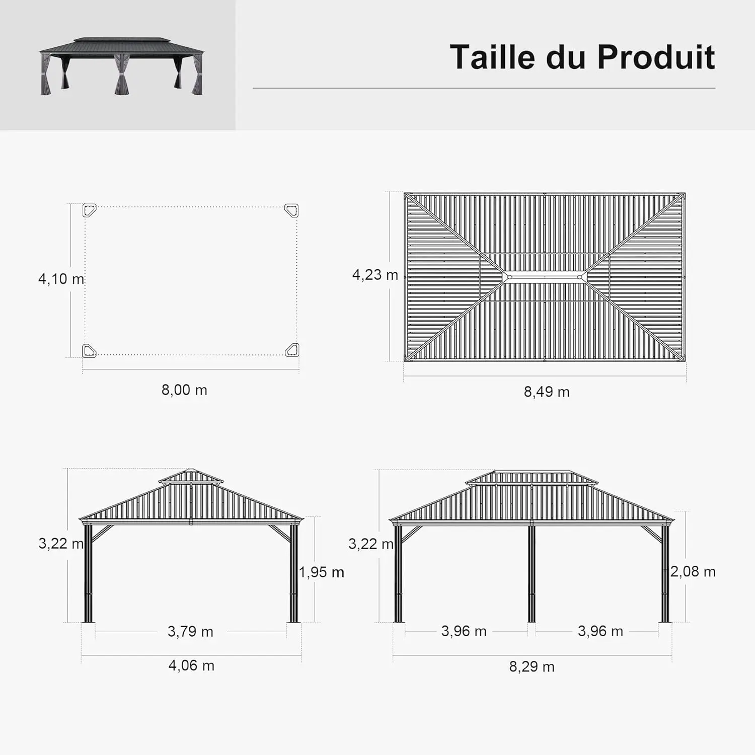 Pergola en aluminium gris 8,5 x 4,25 m vue 3