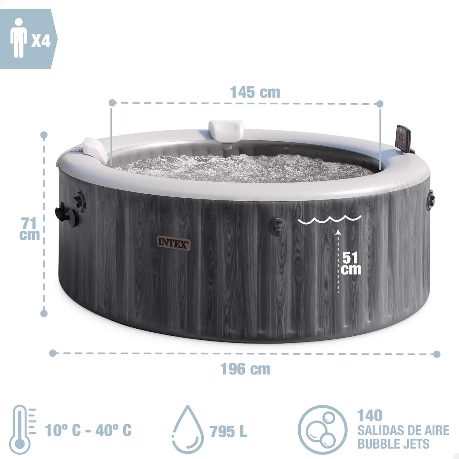 Spa gonflable 4 personnes 4 places en bois 1,96 x 0,71 m vue 4