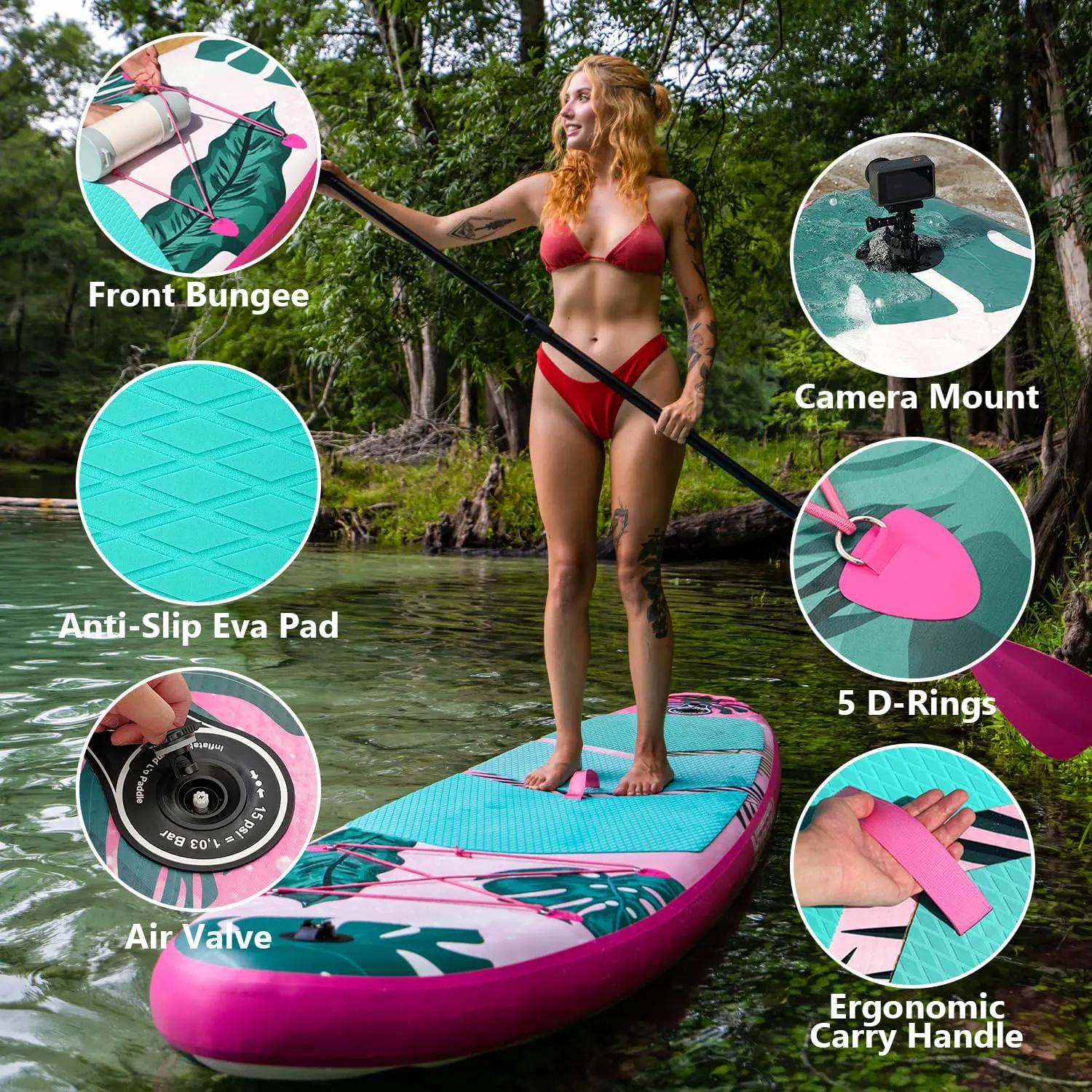 Paddle gonflable rose vue 3