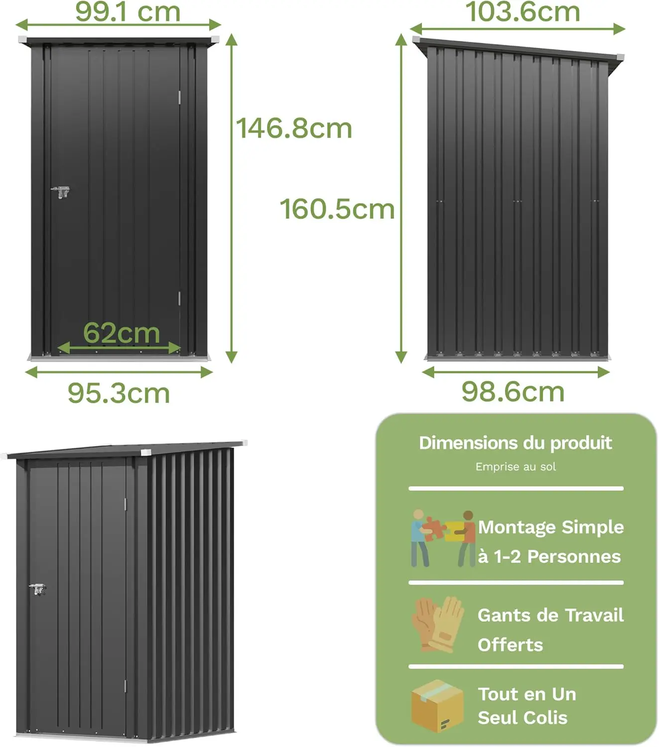 Abri de jardin en métal en métal noir 98x160 cm vue 3