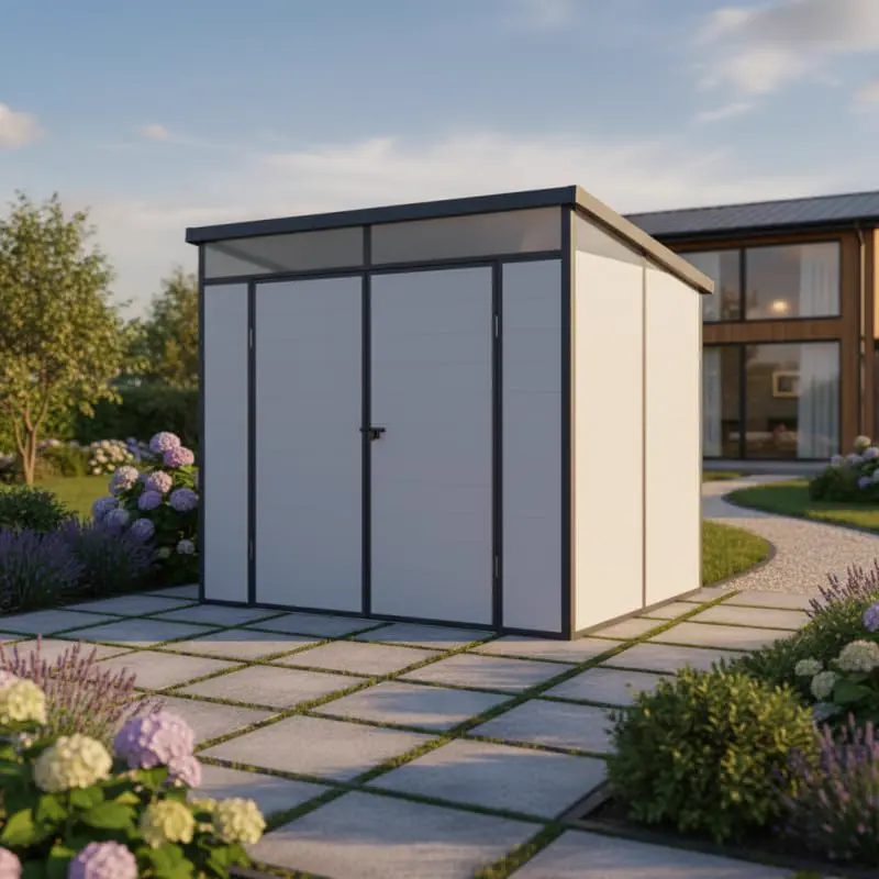 Abri de jardin en résine en aluminium gris 4,10m² vue 2