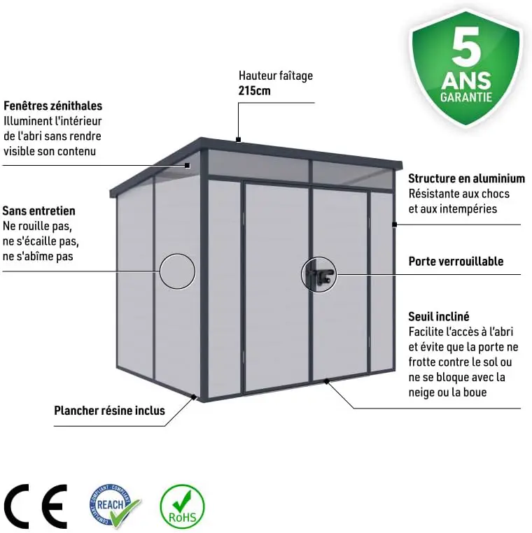 Abri de jardin en résine en aluminium gris 4,10m² vue 3