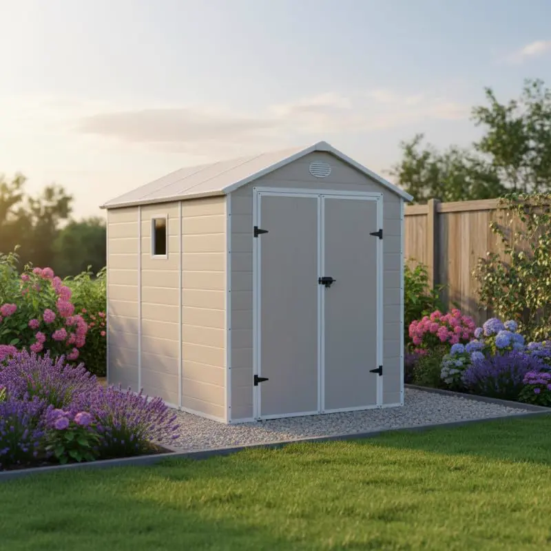 Abri de jardin en résine en acier beige 5,32m² vue 2