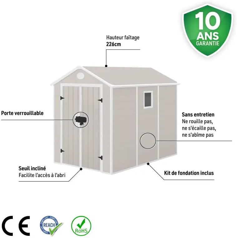 Abri de jardin en résine en acier beige 5,32m² vue 3