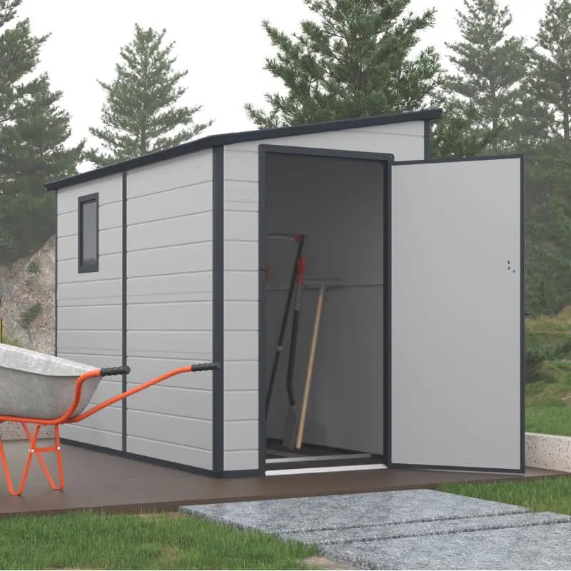 Abri de jardin en résine en résine gris 3,55m² adossée vue 2