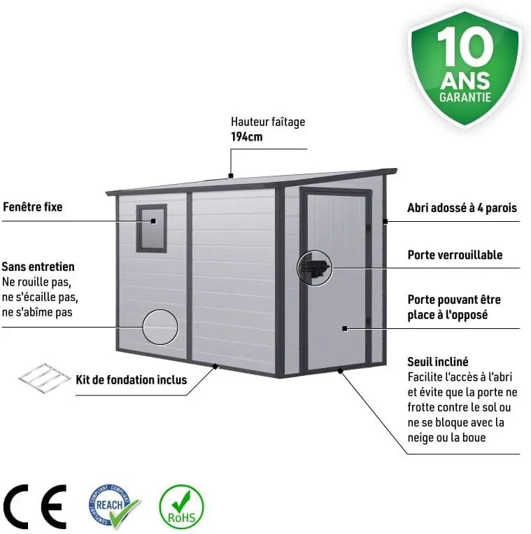 Abri de jardin en résine en résine gris 3,55m² adossée vue 4