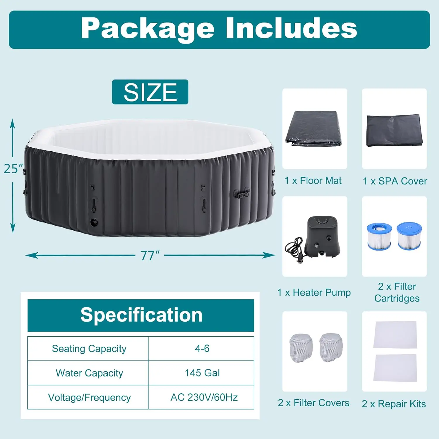 Spa gonflable 2 personnes 4 places noir 180 x 63,5 cm vue 6