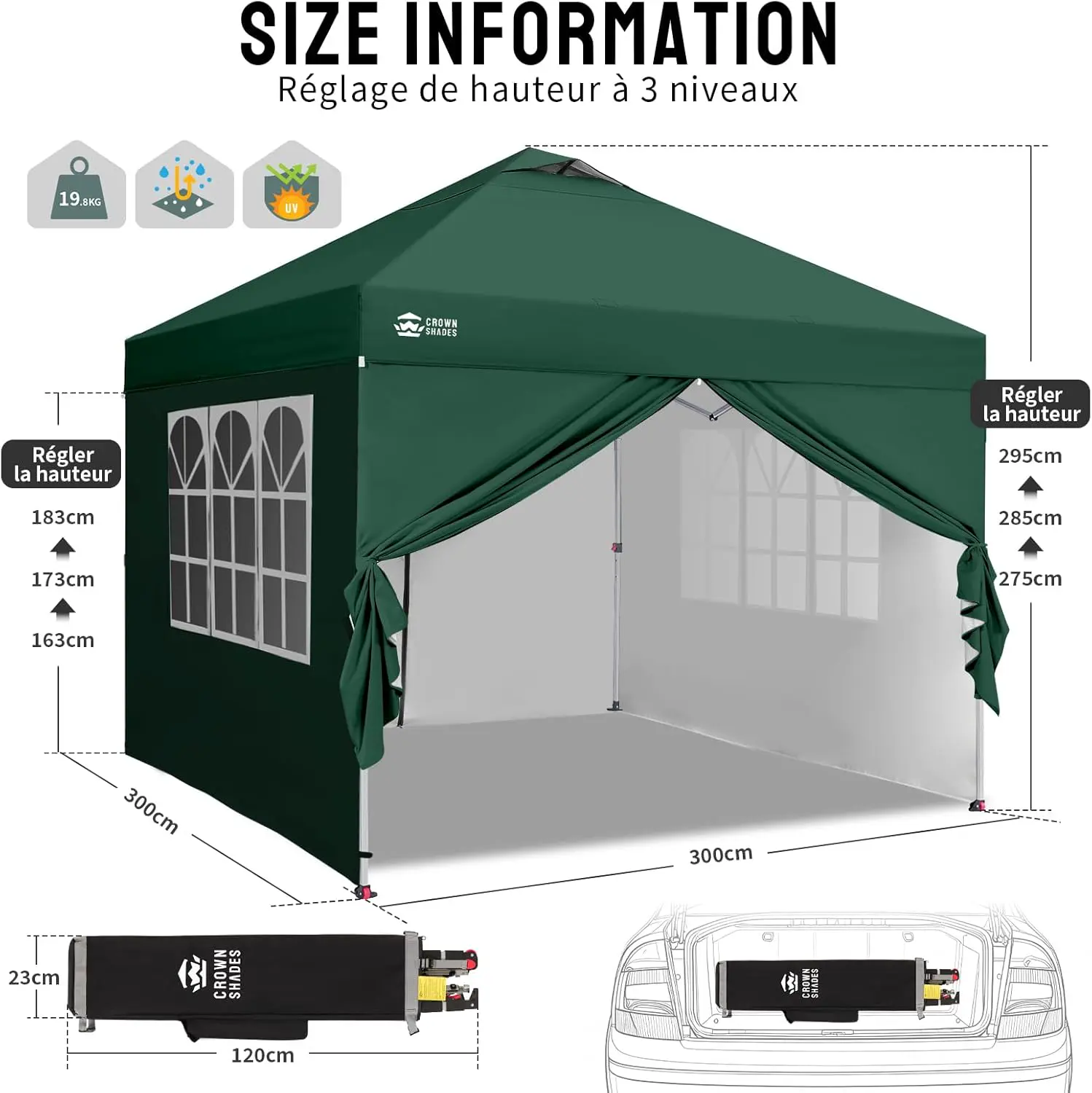 Tonnelle en acier vert 3x3 m vue 3
