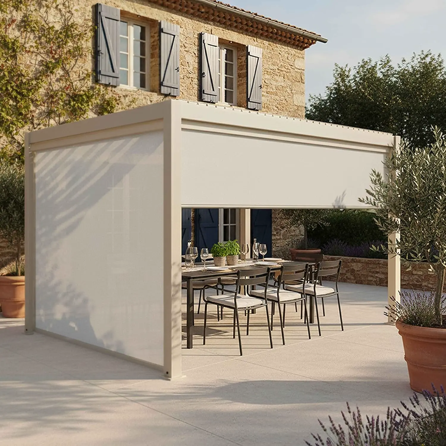Pergola en aluminium crème 12 m² autoportée 2 stores vue 2