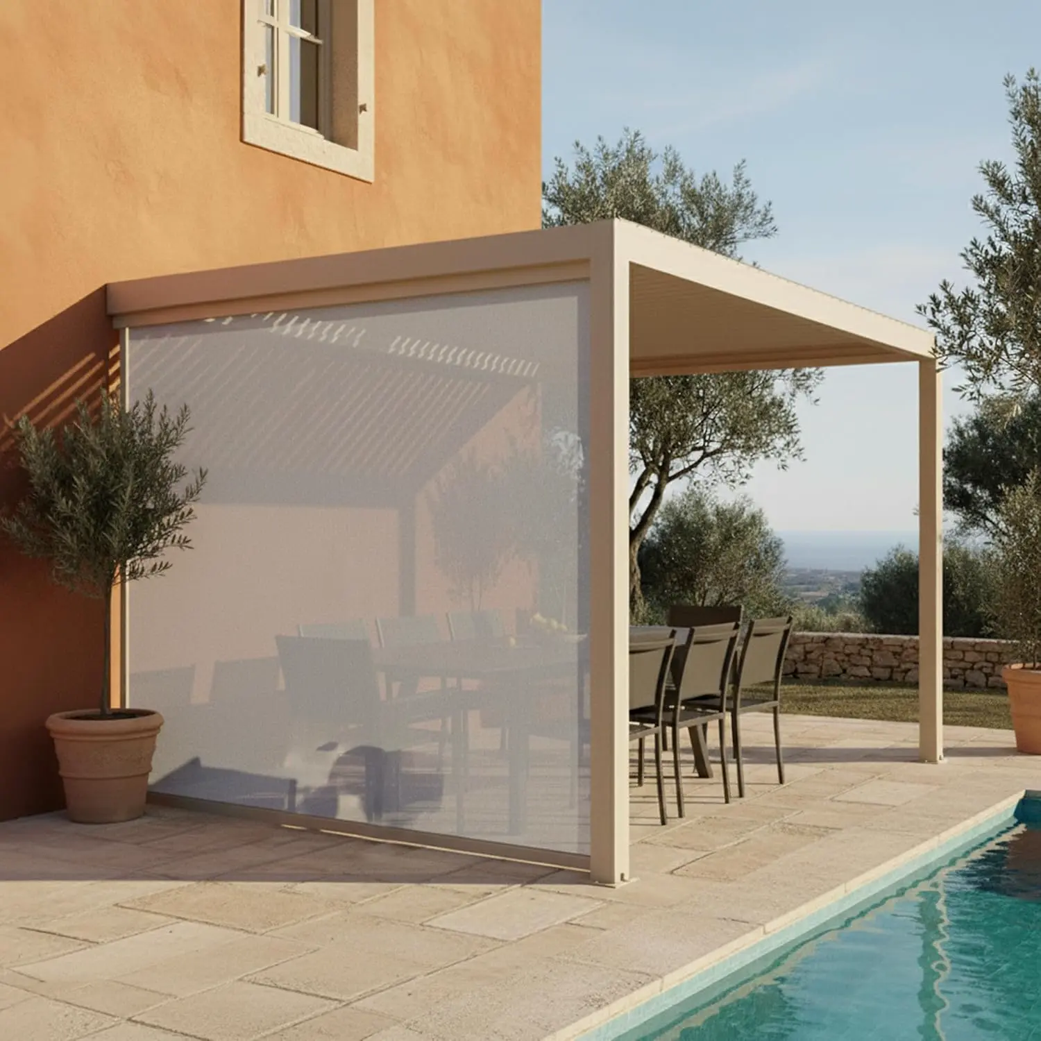 Pergola en aluminium crème 12 m² adossée 1 store vue 2