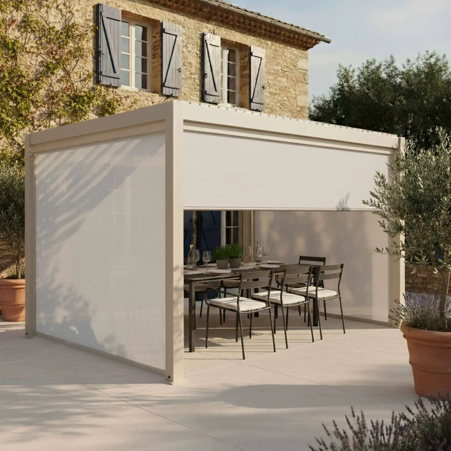 Pergola en aluminium crème 12 m² autoportée 3 stores vue 2