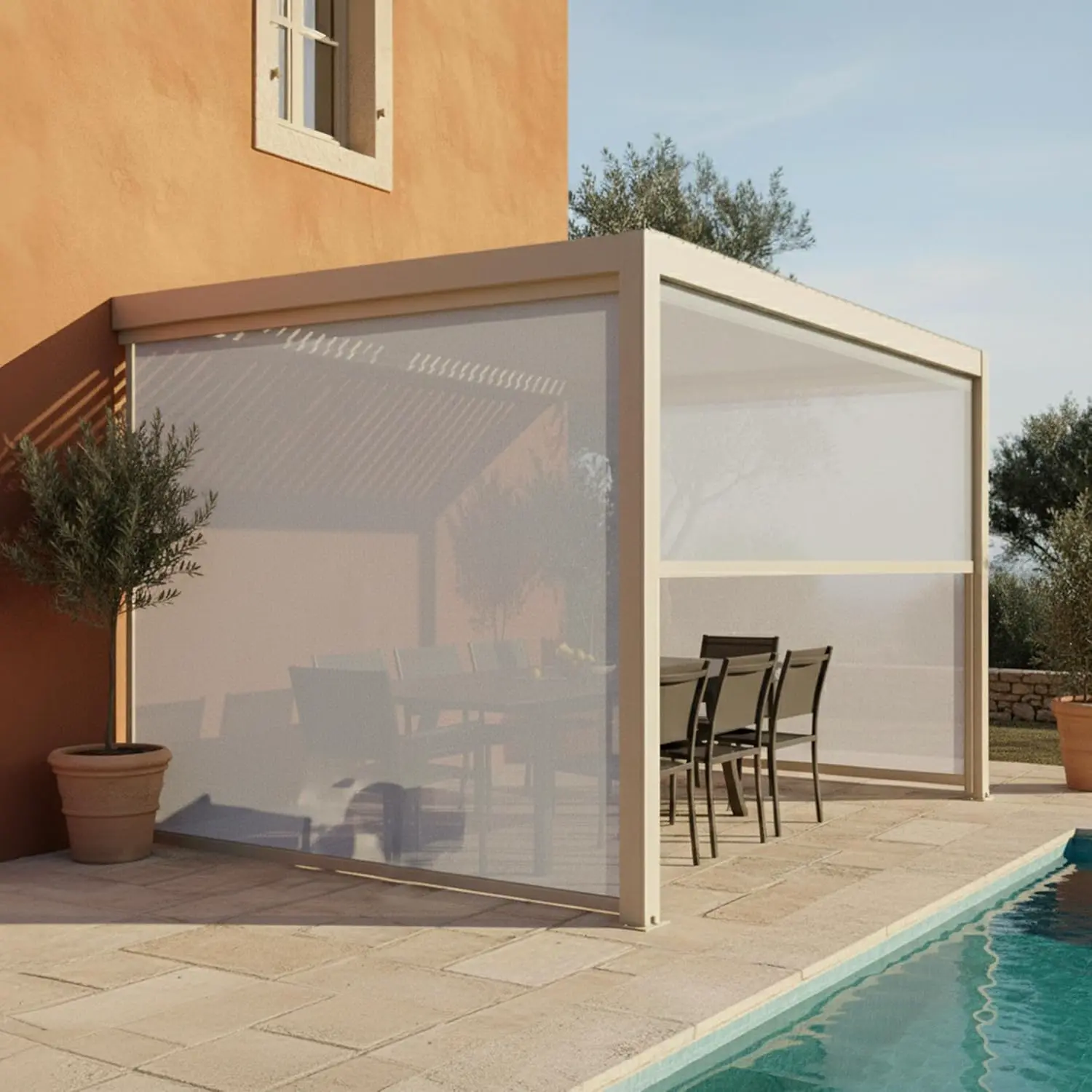 Pergola en aluminium crème 12 m² adossée 3 stores vue 2
