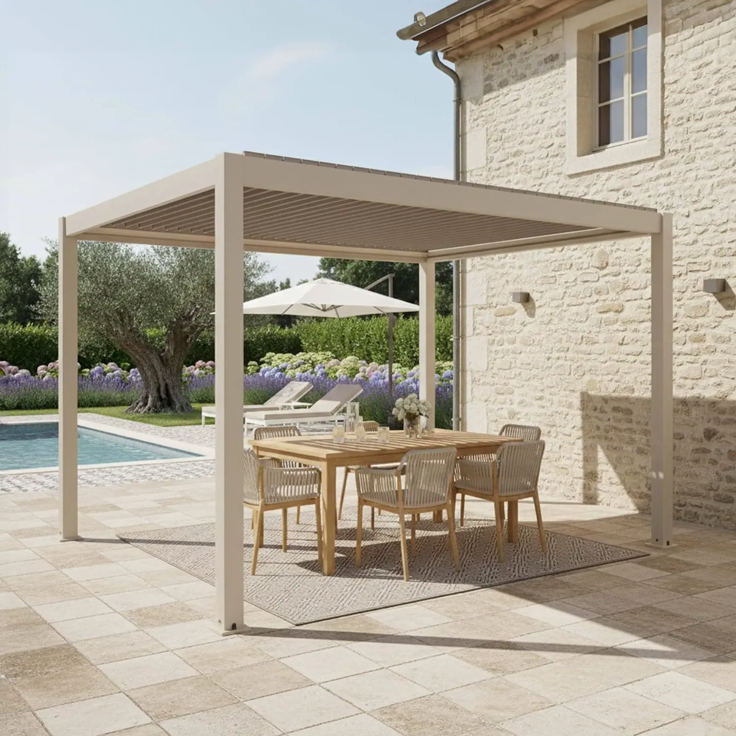 Pergola en aluminium crème 3x4m autoportée vue 3