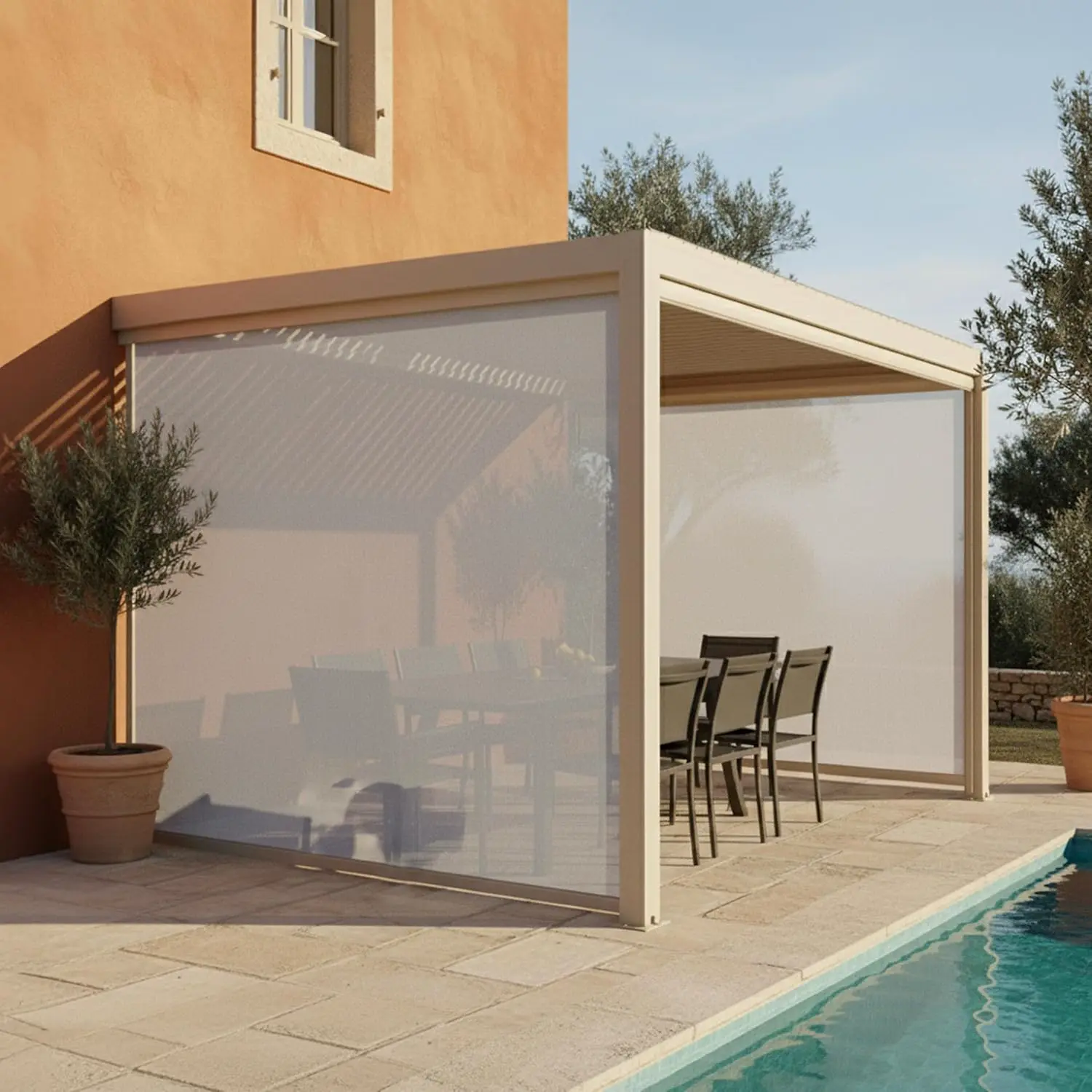 Pergola en aluminium crème 12 m² adossée 2 stores vue 2