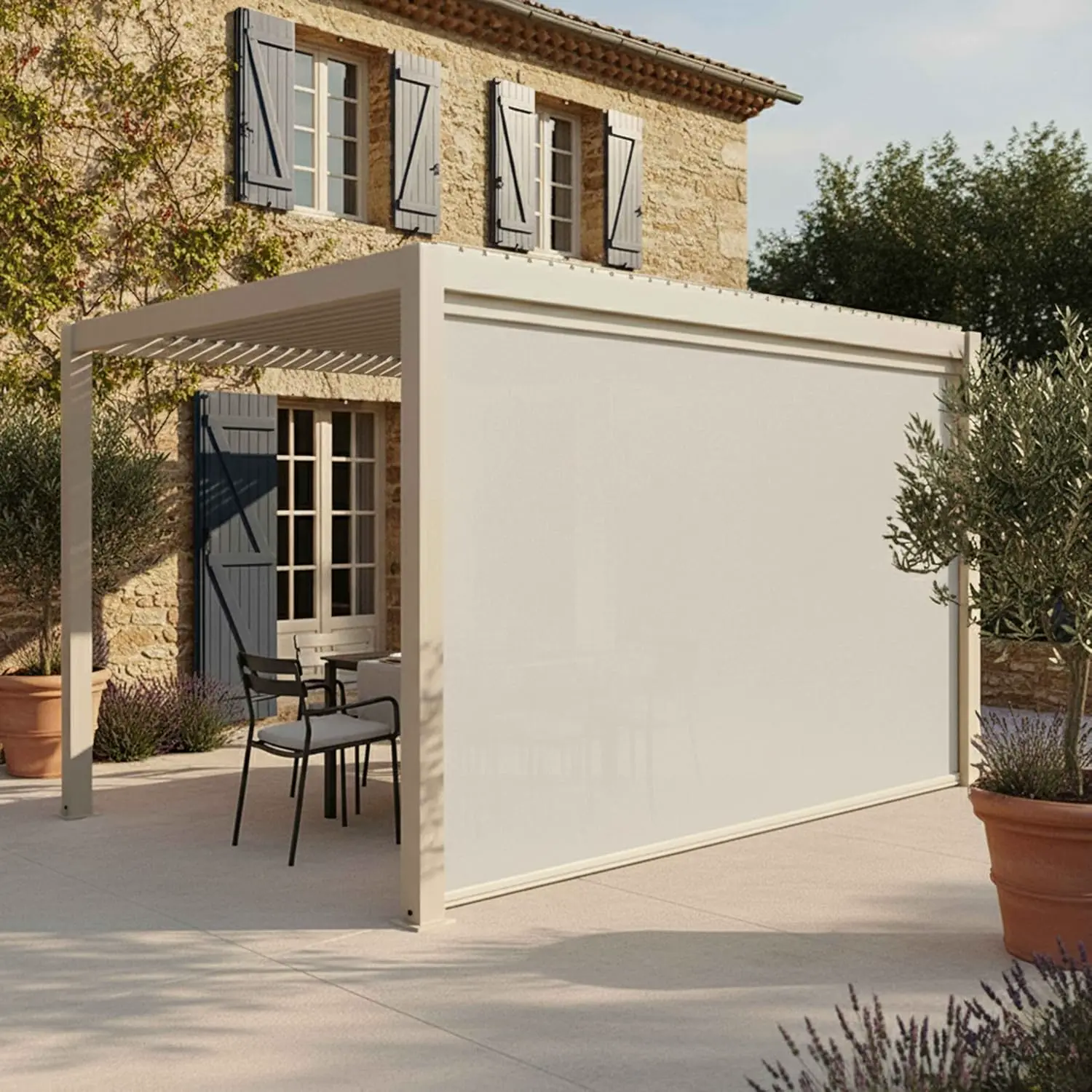 Pergola en aluminium crème 12 m² autoportée 1 store vue 2