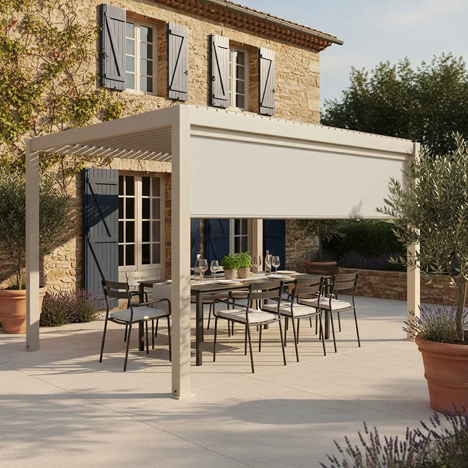 Pergola en aluminium crème 12 m² autoportée 1 store vue 3