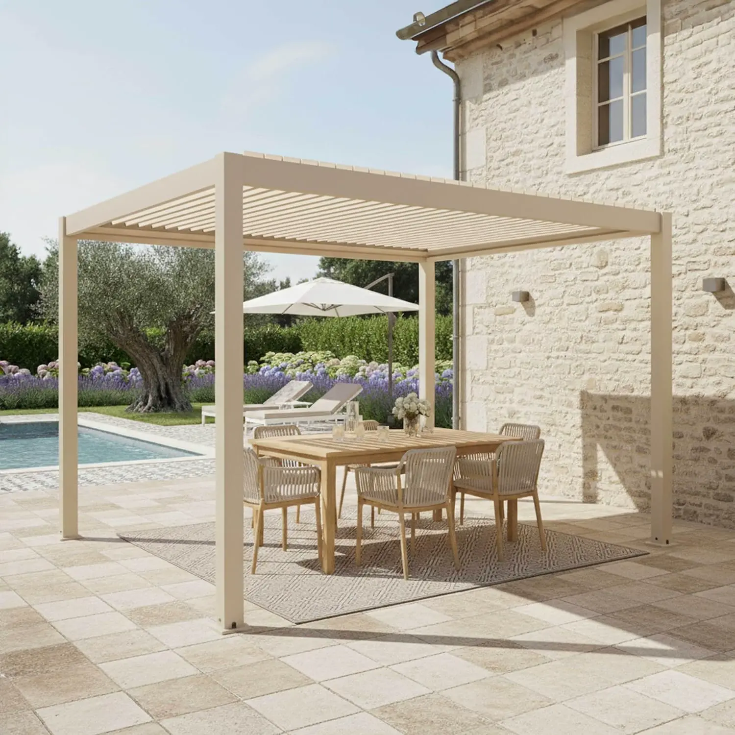 Pergola en aluminium crème 12 m² autoportée 1 store vue 4