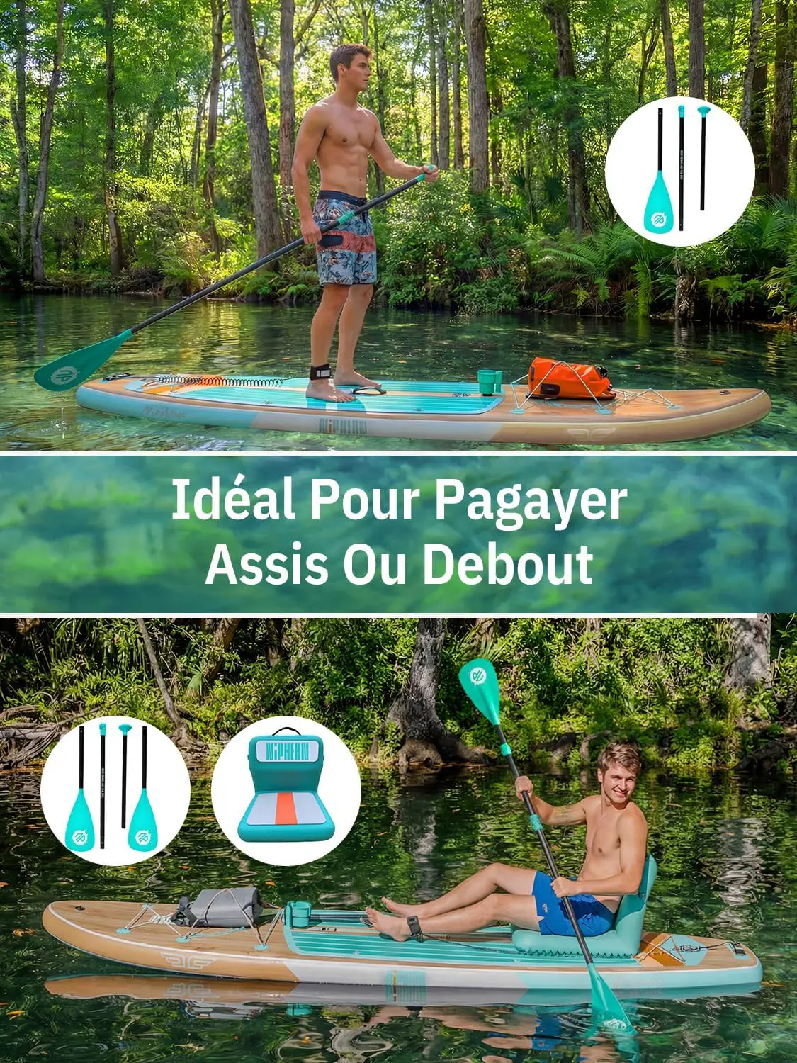 Paddle gonflable 2 places kaki 83X15cm vue 7