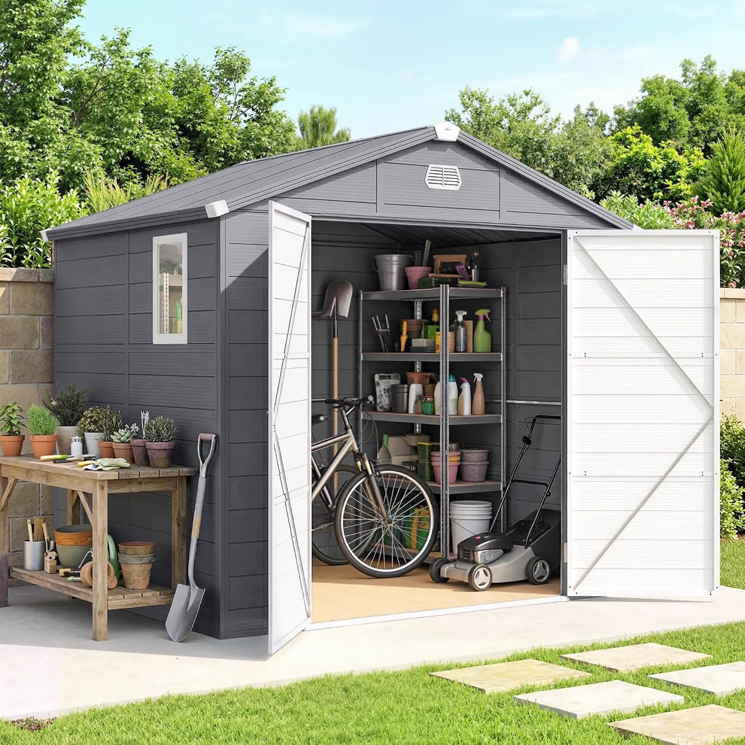 Abri de jardin en résine en aluminium gris 4,6 m² vue 9