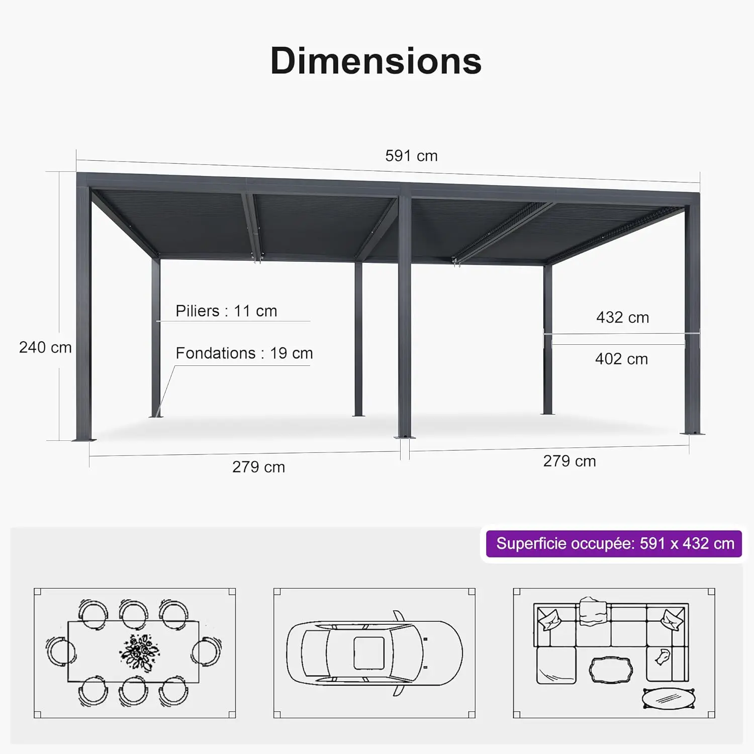 Pergola en aluminium gris 25,44 m² vue 4