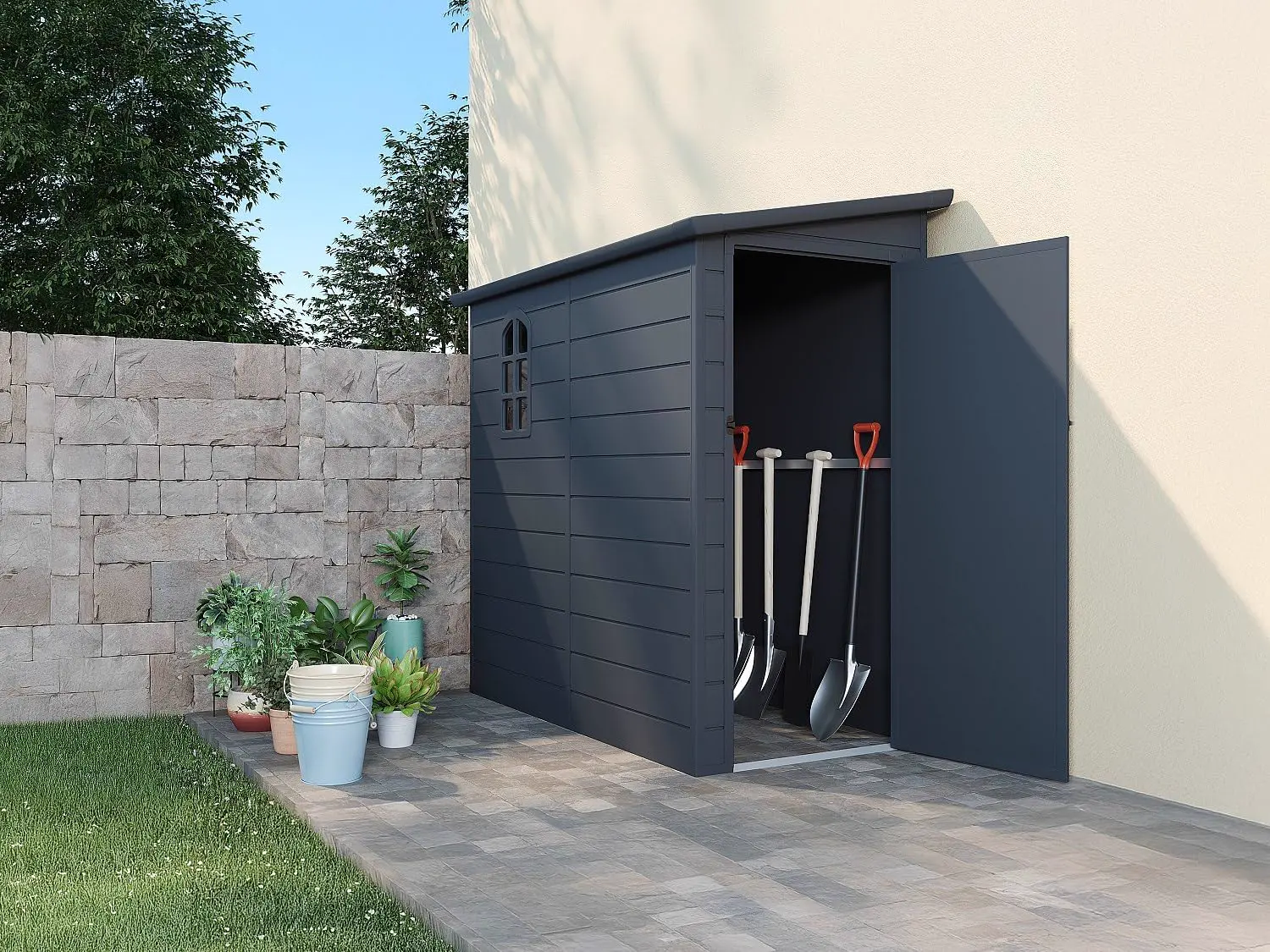 Abri de jardin en résine en résine gris 2,09 m² adossée vue 2