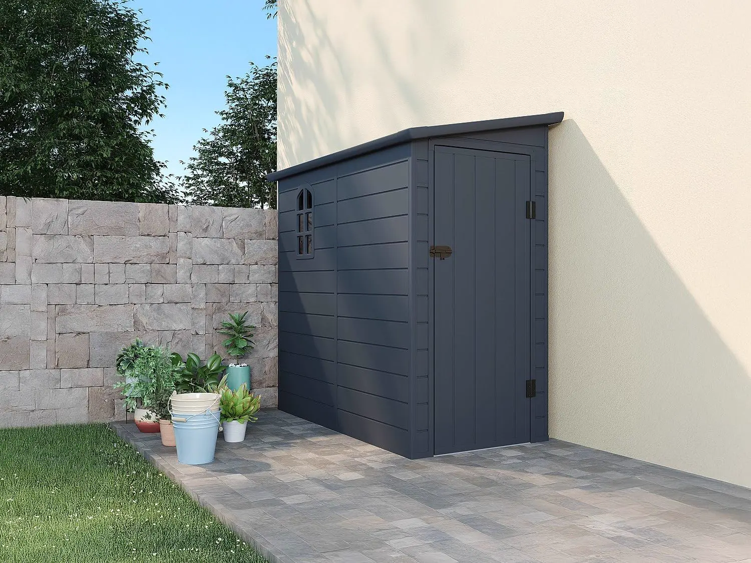 Abri de jardin en résine en résine gris 2,09 m² adossée vue 3