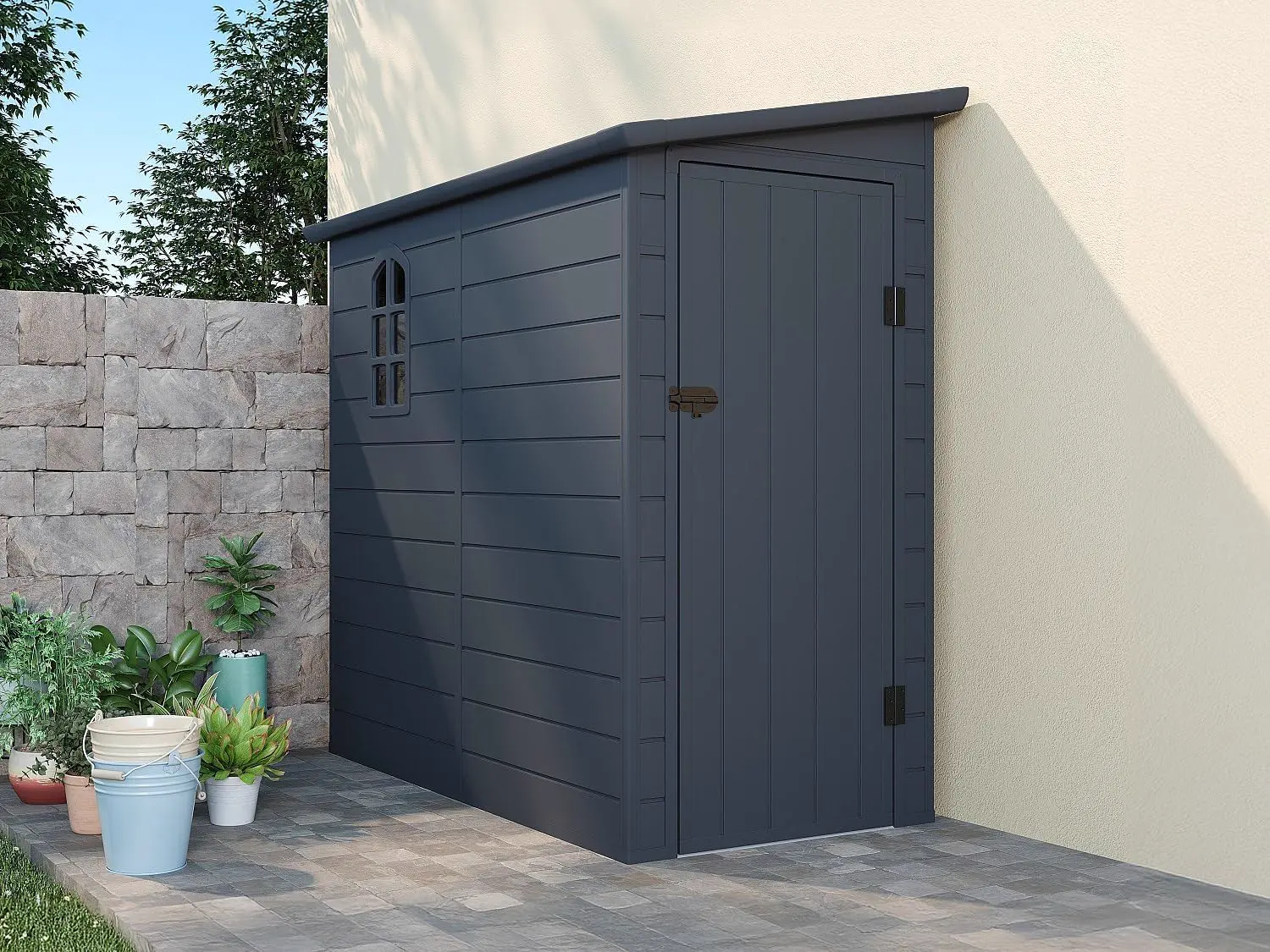Abri de jardin en résine en résine gris 2,09 m² adossée vue 4