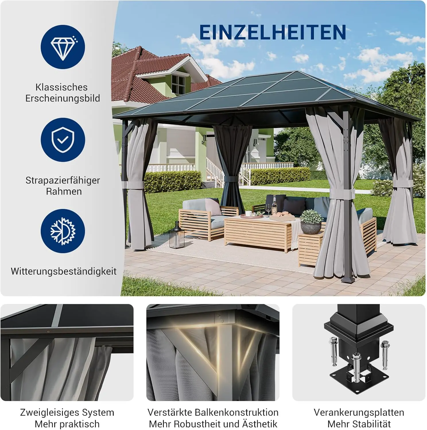 Pergola gris 3x4 m vue 3