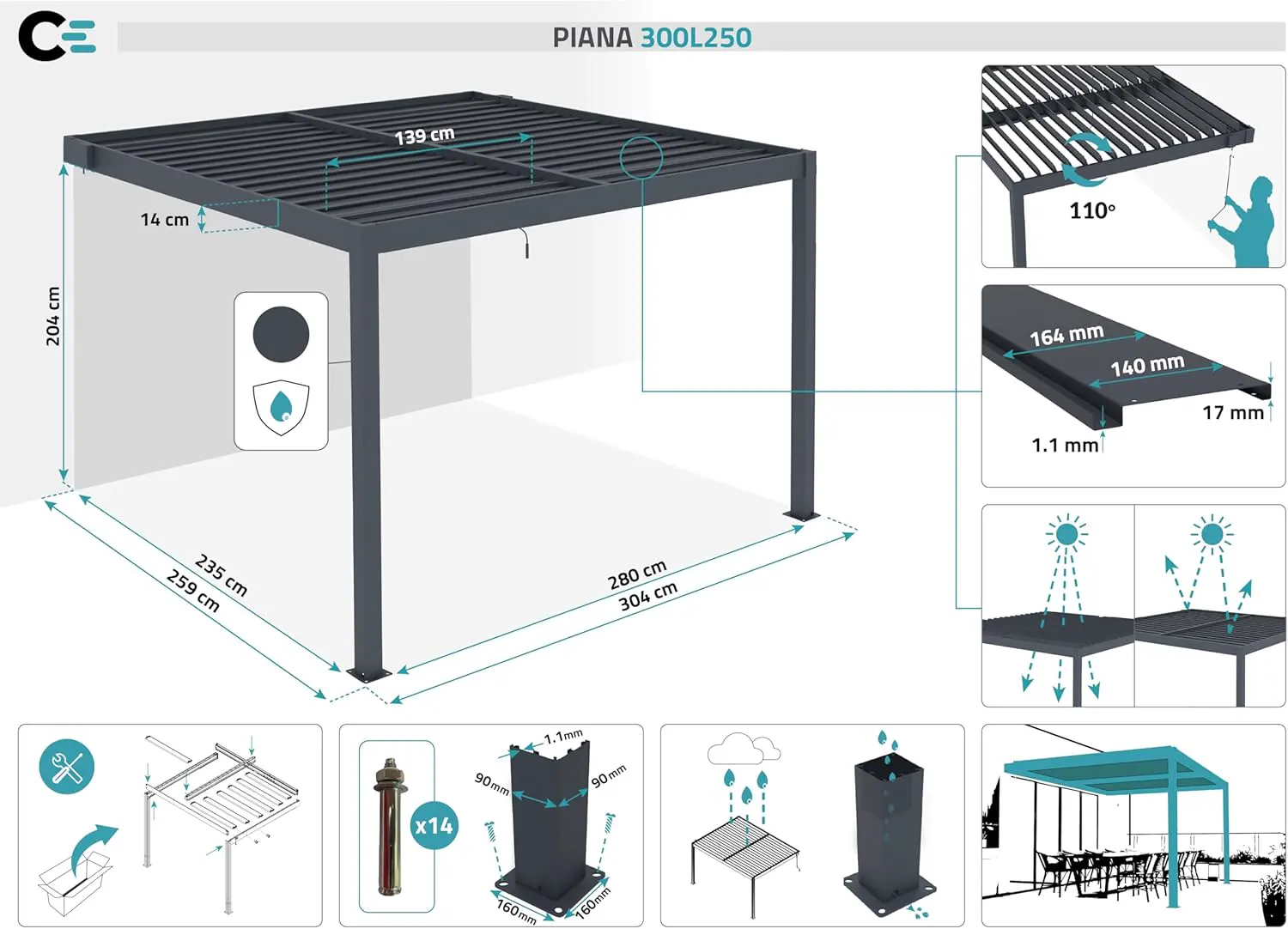 Pergola en aluminium gris 12 m² adossée vue 2